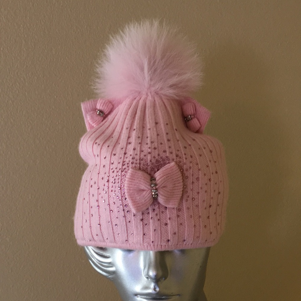 Kitty Cat Ear Beanie Hat With Fox Fur Pom Pom